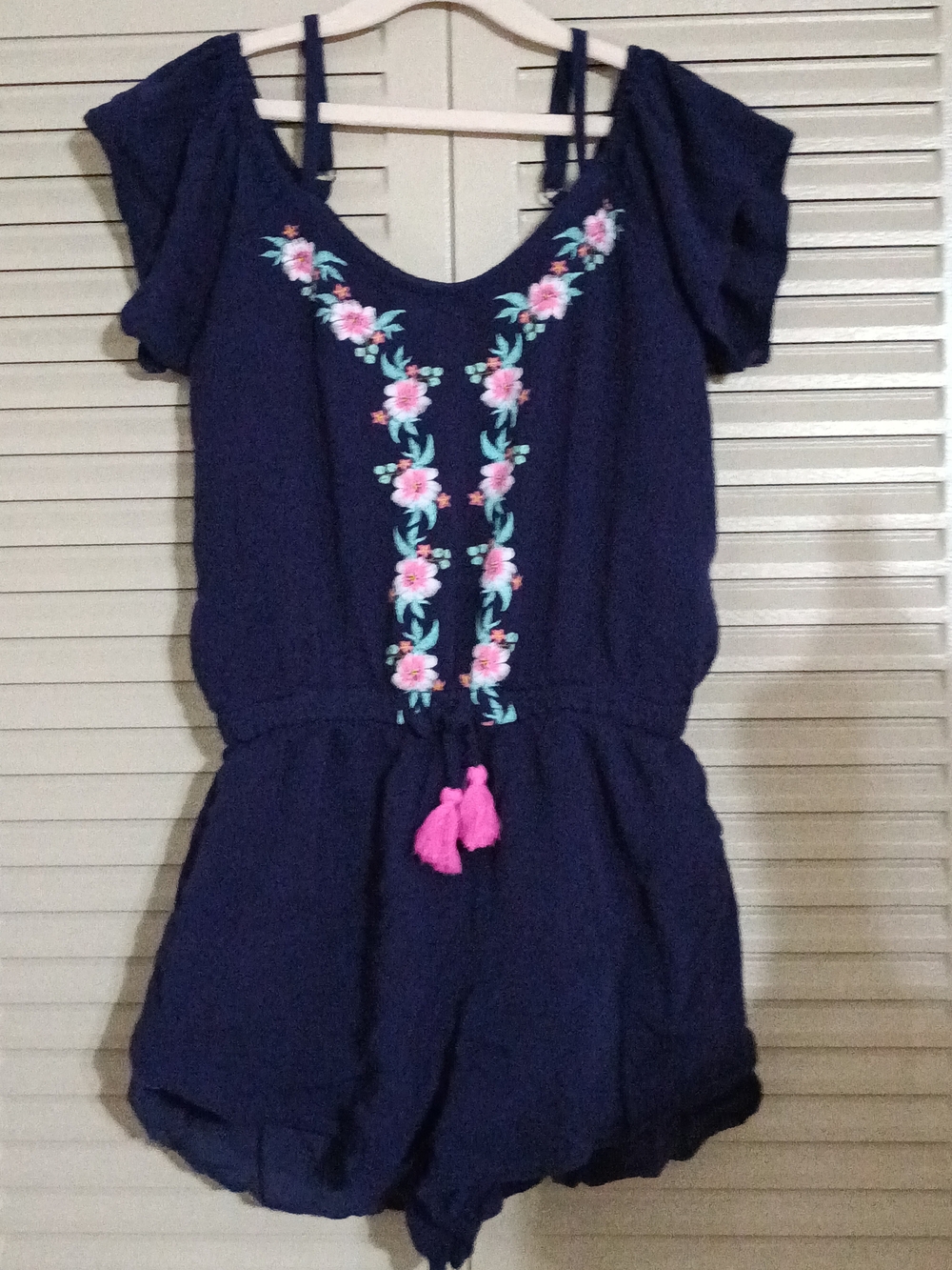 Jessica Simpson Navy Girls Embroidered Romper with Pink Tassels